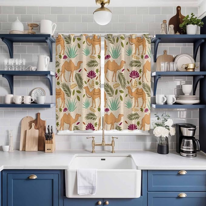 2 Panel Kitchen Cafe Curtains, Desert Camels Sunlight Filtering Nature Air - Image 2