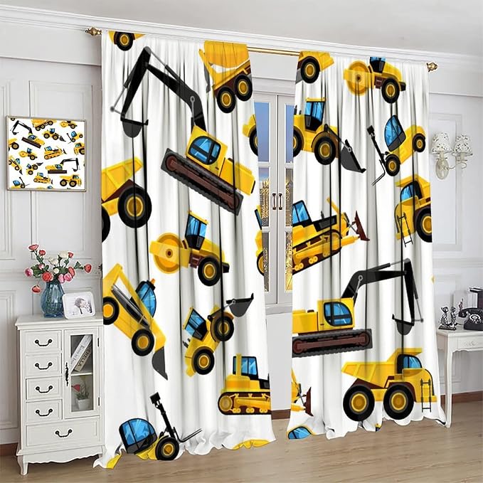 Kids Construction Equipment Window Curtains, Excavator Tractor Tow Truck Rod - Image 3