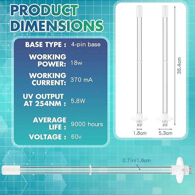 Qualirey 2 Pcs 14" UV Light Replacement Bulb 4 Pin Base 254NM 18W UV Lamp - Image 2