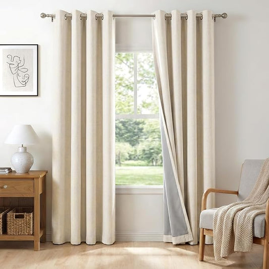 100% Blackout Shield Linen Blackout Curtains for Bedroom, Butter Cream Grommet Curtains for Living Room, Thermal Insulated Room Darkening Drapes for Nursery, Boho Home Decor, 50" W x 108" L, 2 Panels