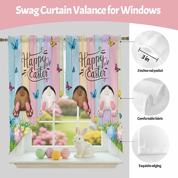 Swag Curtain Valances for Kitchen Windows, Happy Easter Rabbit Butt Egg on - Image 9