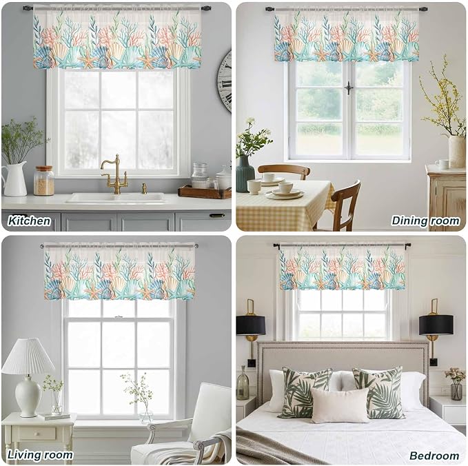Summer Beach Sheer Valance Curtains, Ocean Colorful Coral Shell Seaweed - Image 9