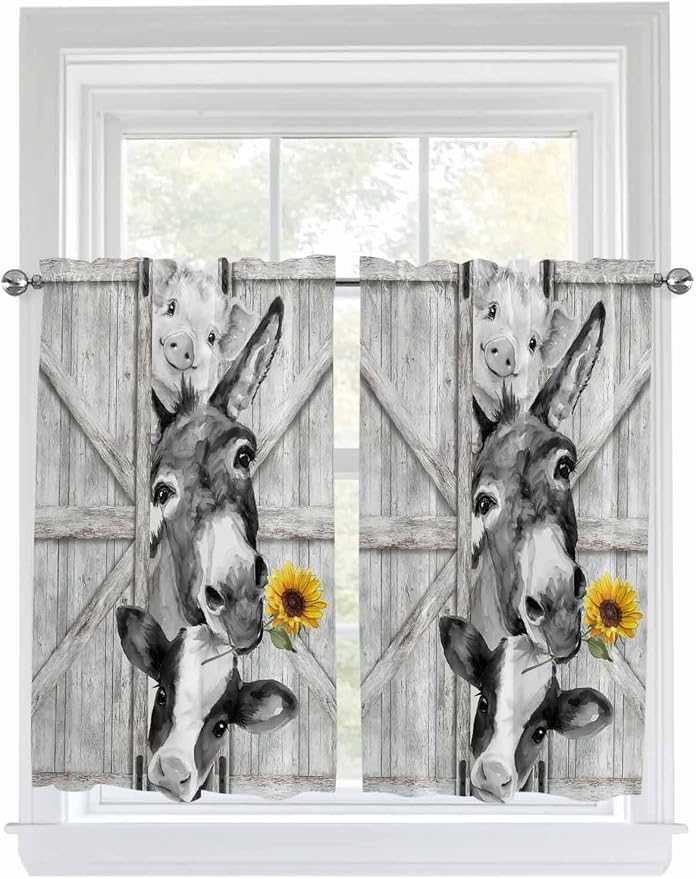Grey Farmhouse Tier Curtains 45 Inches Long, Vintage Sunflowers Animals Printed by Unknown