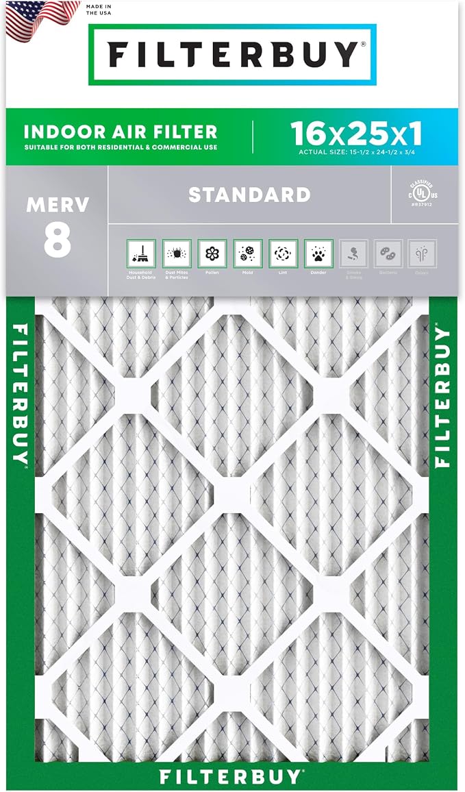 Filterbuy 16x25x1 Air Filter MERV 8 Essential Dust & Allergy Defense, by Filterbuy
