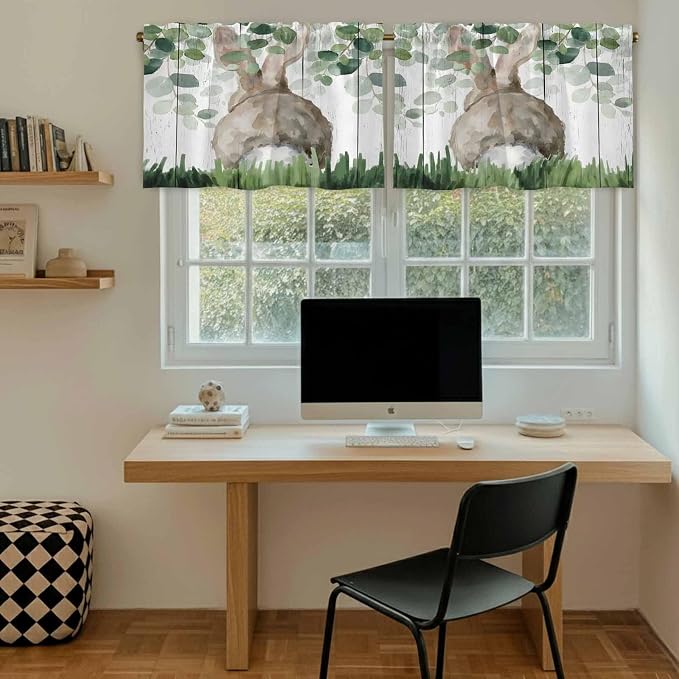 Easter Tier Curtains, Country Rabbit Botanical Leaves Wooden Grain Light - Image 6