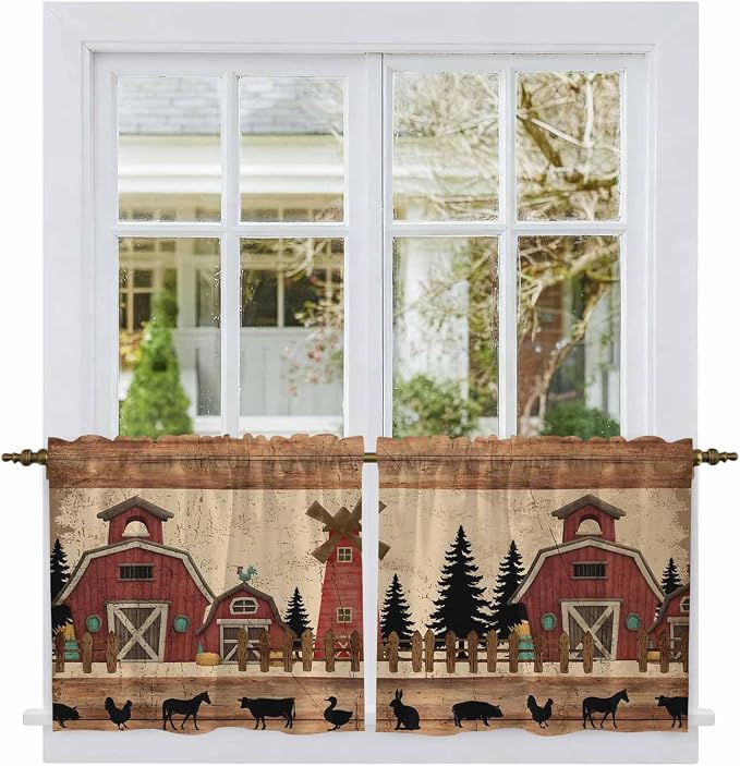 Brown Farmhouse Tier Curtains, Vintage Country Animals Wooden Grain Light by Unknown