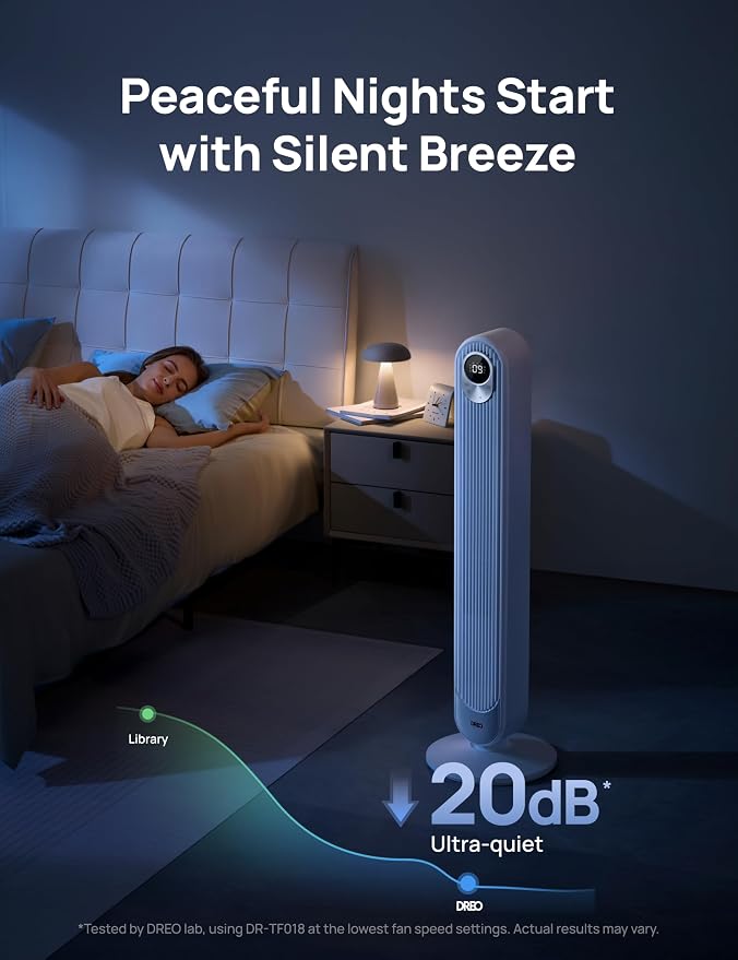 DREO Tower Fan for Bedroom, 28 ft/s, 20dB Quiet Oscillating Bladeless Fan - Image 3