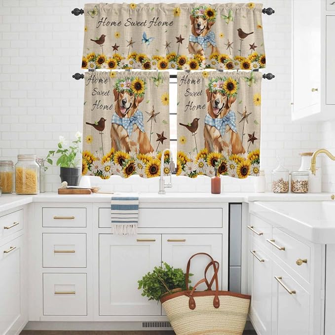 Kitchen Curtains Tiers and Valance Set of 3, Sunflowers Dog Light Filtering - Image 3
