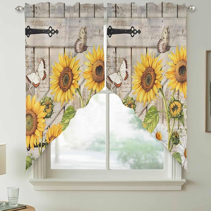 Farm Flowers Swag Valances for Windows, Retro Sunflowers Barn Doors Butterfly - Image 7