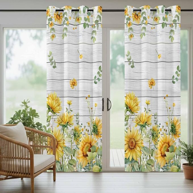 Sunflowers Outdoor Curtains for Patio Summer Floral Eucalyptus Leaf Wood Plank - Image 6
