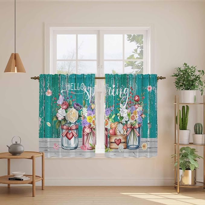 Spring Flowers Tier Curtains, Farmhouse Watercolor Teal Wood Grain Light - Image 3