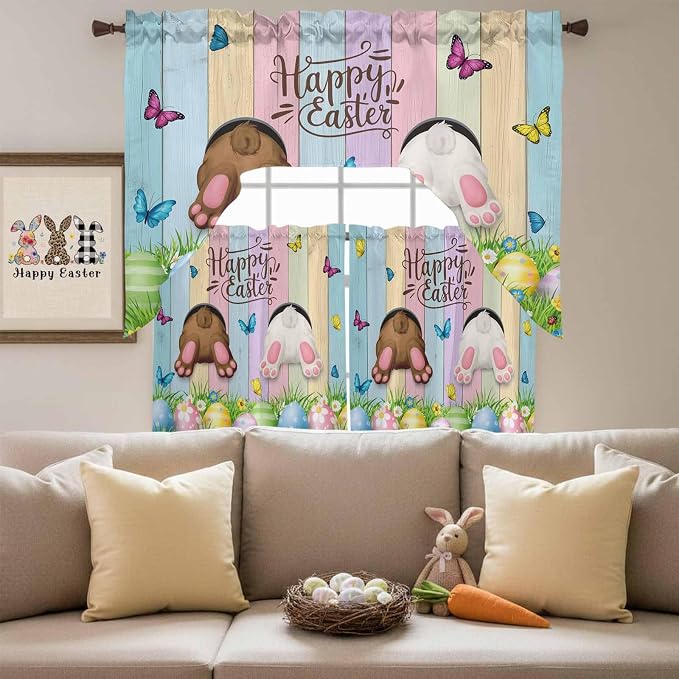Swag Valance Curtains, Happy Easter Rabbit Butt Egg on Daisy Leaf Rod Pocket - Image 5