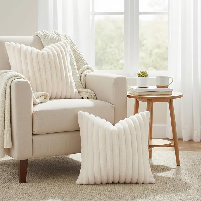 decorUhome Summer Cozy Faux Fur Throw Pillow Covers 22x22 Set of 2 Decorative Plush Striped Modern Farmhouse Boho Couch Euro Sham Pillow Cases with Velvet Back for Sofa Bed Living Room, Cream White