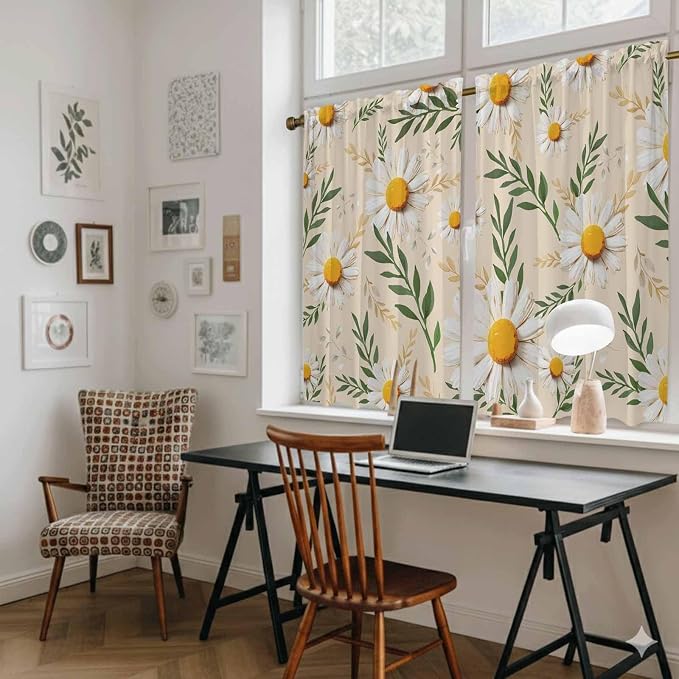 Spring Daisy Kitchen Curtains, Country Watercolor Flower Leaf Plant Light - Image 6