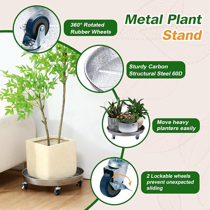 3 Packs Metal Plant Caddy with Wheels 16 inches Rolling Plant Stand Heavy Duty - Image 2