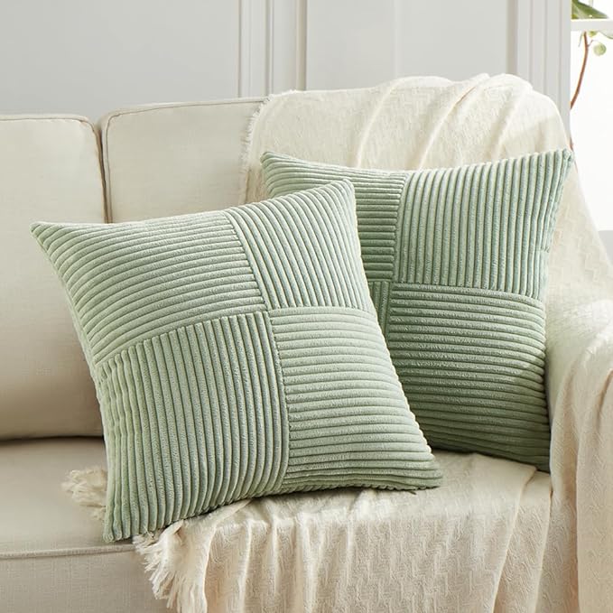Fancy Homi 2 Packs Sage Green Big Decorative Throw Pillow Covers 24x24 Inch for Living Room Couch Bed, Rustic Farmhouse Boho Home Decor, Soft Corss Corduroy Patchwork Accent Cushion Case 60x60 cm