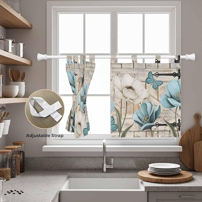 Teal Blue Tulips Kitchen Curtains 36 Inch Length, Small Window Curtains Tab Top - Image 5