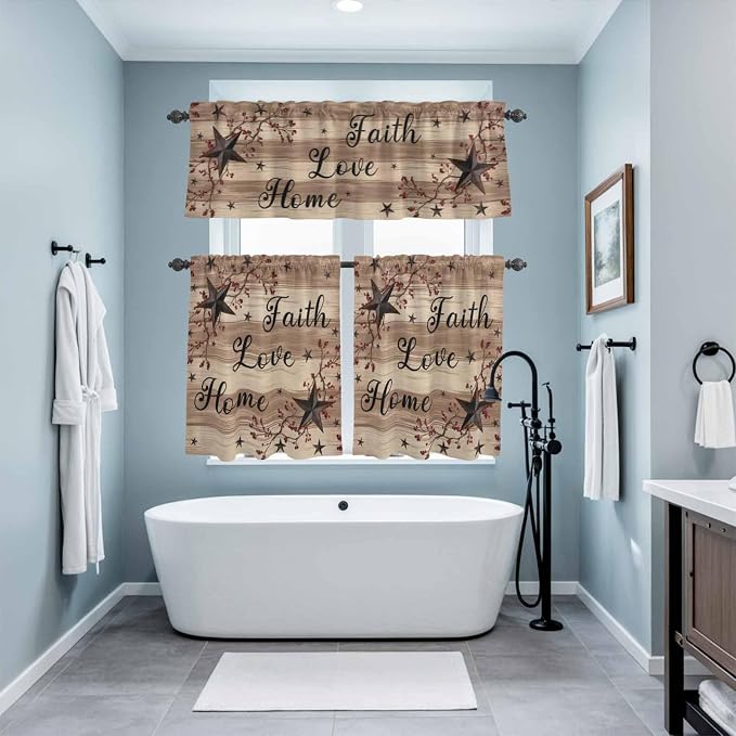 Kitchen Curtains Tiers and Valance Set of 3, Farmhouse Star Brown Light - Image 9