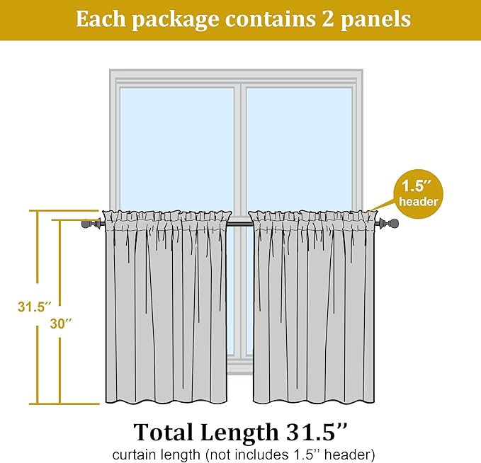 OWENIE Short Aqua Sheer Curtains 30 Inch Length 2 Panels Set, Kitchen Curtains Tiers Light Filtering Rod Pocket Cafe Curtain for Basement Bathroom Small Half Window, 42" W x 30" L, Aqua