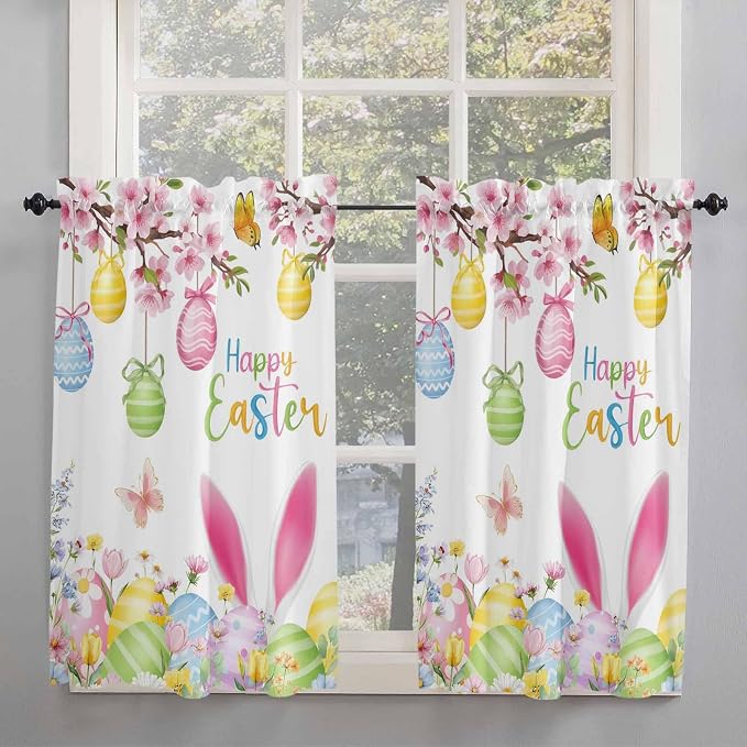 Happy Easter Tier Curtains 45 Inches Long, Spring Watercolor Bunny Eggs Flower - Image 2