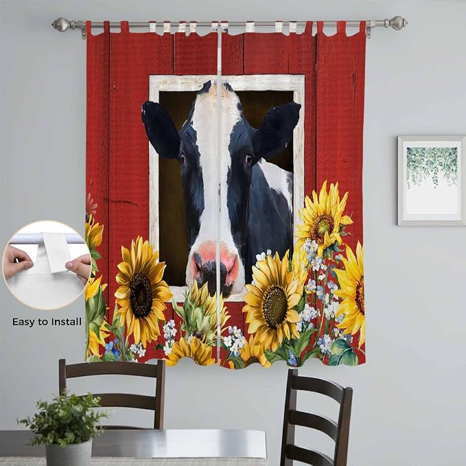 Cow Sunflowers Living Room Curtains 84 Inch Length, Window Curtains Tab Top - Image 4