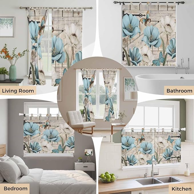 Teal Blue Tulips Living Room Curtains 96 Inch Length, Window Curtains Tab Top - Image 7