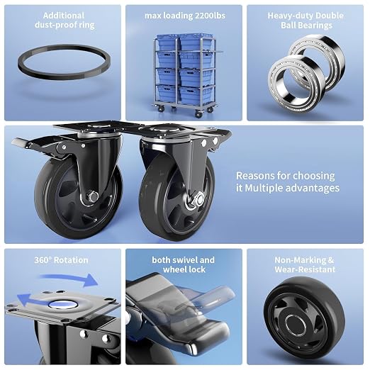 4 Inch Caster Wheels with Brake, Heavy Duty Casters Set of 4, Swivel Top Plate - Image 4