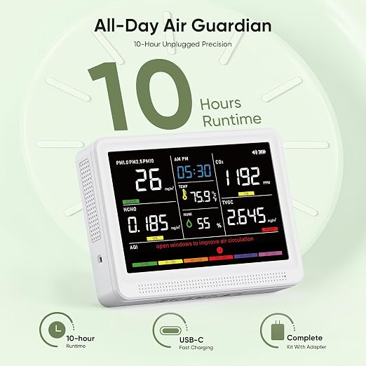 bonoch 16 in 1 Air Quality Monitor Indoor 10h-Battery & 5.5" Display 9 AQI+7 - Image 3
