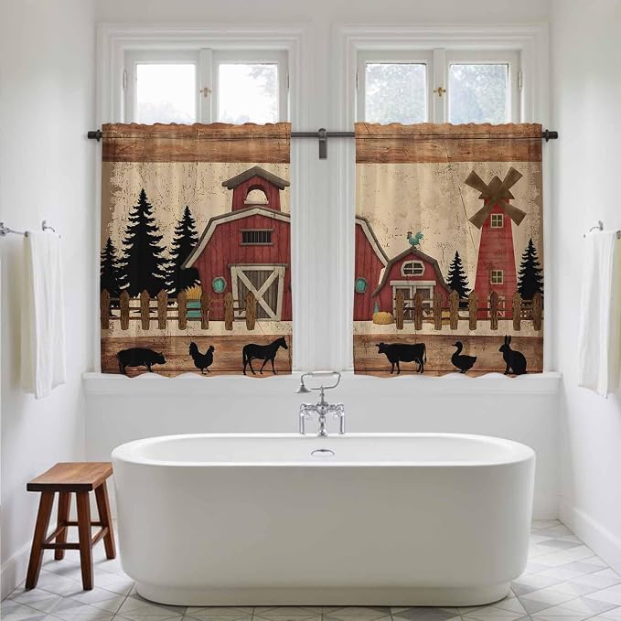 Brown Farmhouse Tier Curtains, Vintage Country Animals Wooden Grain Light - Image 5
