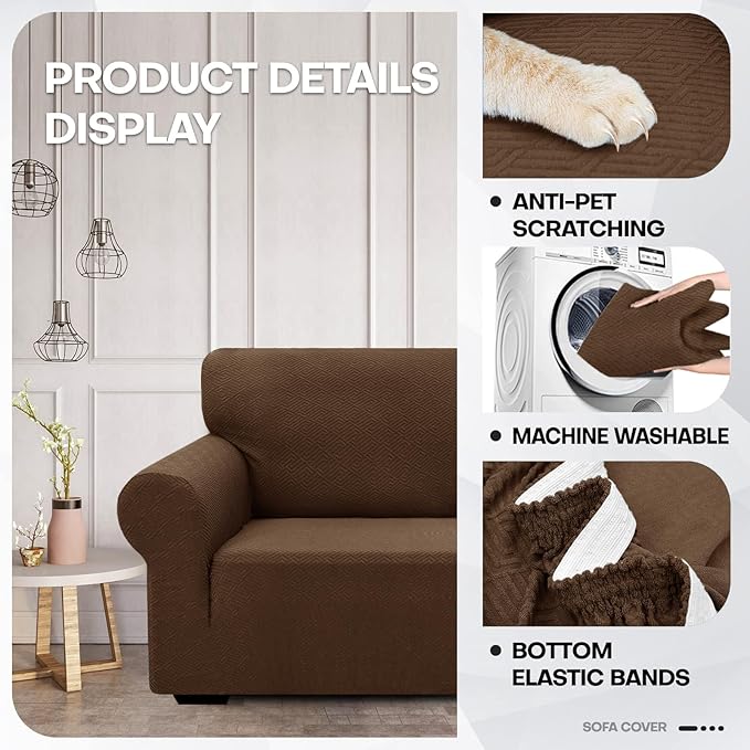 ZNSAYOTX 1 Piece Jacquard Chair Slipcovers for Living Room High Stretch Chair Covers with Arms Anti Slip Pets Friendly Couch Sofa Armchair Cover Furniture Protector (Small, New Pattern Coffee)