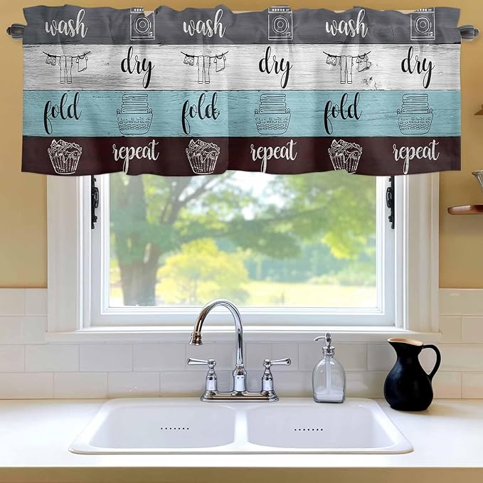 Laundry Rules Valances for Windows, Retro Blue White Wood Board Grain Kitchen - Image 6
