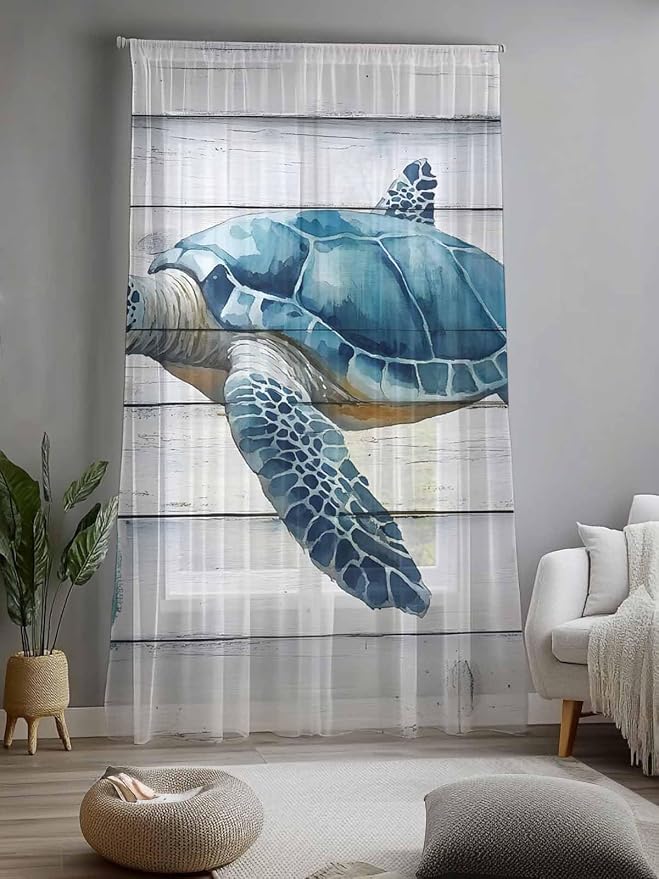 Sheer Curtains 84 Inches Long, Sea Turtle Blue Semi Sheer Curtains Light - Image 2