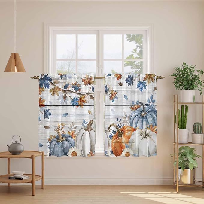 Thanksgiving Pumpkin Kitchen Curtains 54 Inch Long 2 Panel Set, Rod Pocket - Image 3