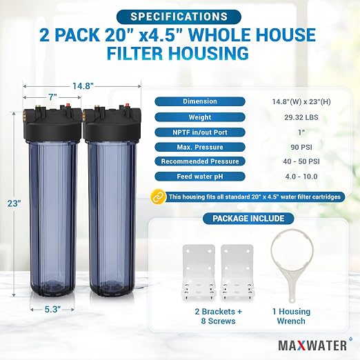 Max Water Whole House 20" x4.5" Purple Clear WH Water Filter Housing 1 inch - Image 2