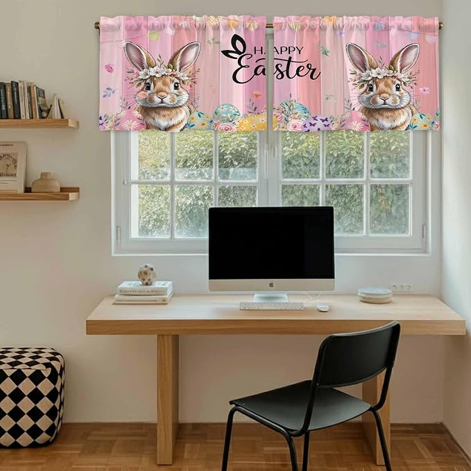 Easter Tier Curtains, Spring Rabbit Eggs Flowers Flags Leaves Wood Grain Light - Image 6