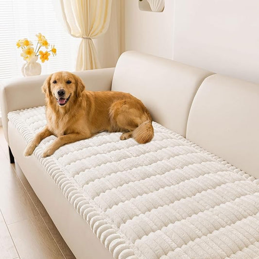 hyha Couch Covers for Dogs Washable, Non Slip Plush Dog Sofa Protectors, Fuzzy Pet Couch Covers for 3 Cushion Sofa Pet Friendly (White, 27.6" x 70.9")
