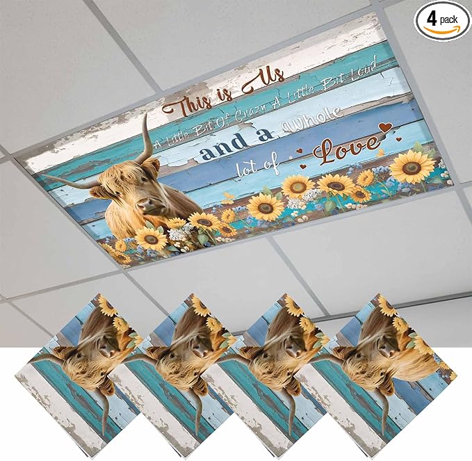 4 Pack Highland Cow Flower Fluorescent Light Covers Country Farmhouse Cow by Unknown