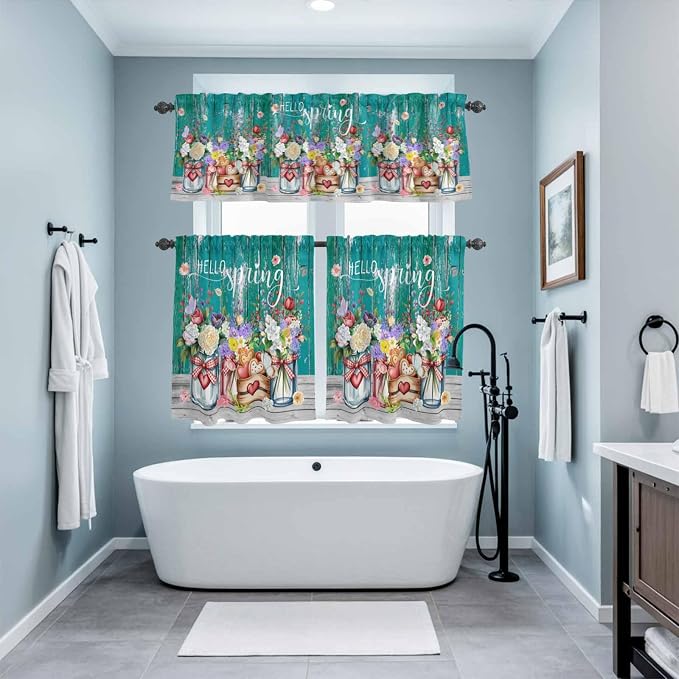 Kitchen Curtains Tiers and Valance Set of 3, Spring Flowers Light Filtering - Image 9