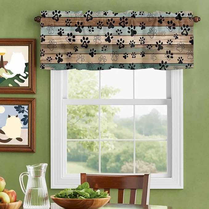 Dog Paws Valance Curtains for Kitchen, Teal Brown Wood Grain Privacy Rod Pocket - Image 7