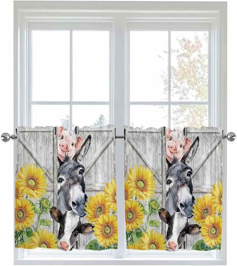 Farmhouse Half Window Curtains 24 Inches Long, Watercolor Sunflowers Animals by Unknown