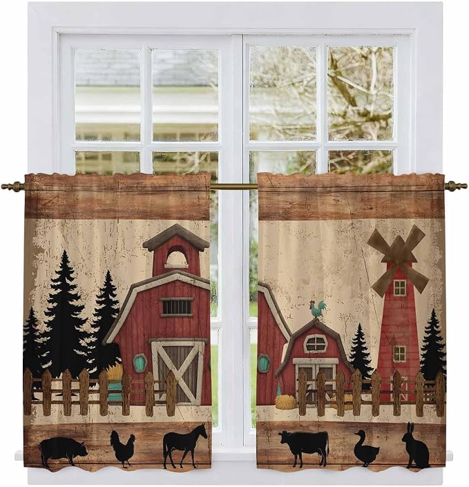 Brown Farmhouse Kitchen Curtains, Vintage Country Animals Wooden Grain Light by Unknown