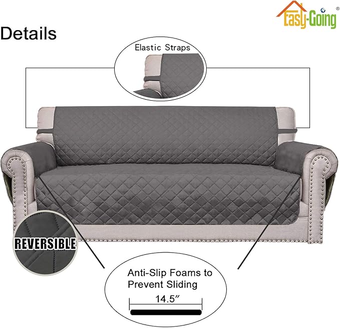 Easy-Going 4 Seater Sofa Slipcover Reversible Sofa Cover Water Resistant Couch Cover with Foam Sticks Elastic Straps Furniture Protector for Pets Children Dog Cat (XX-Large, Gray/Gray)