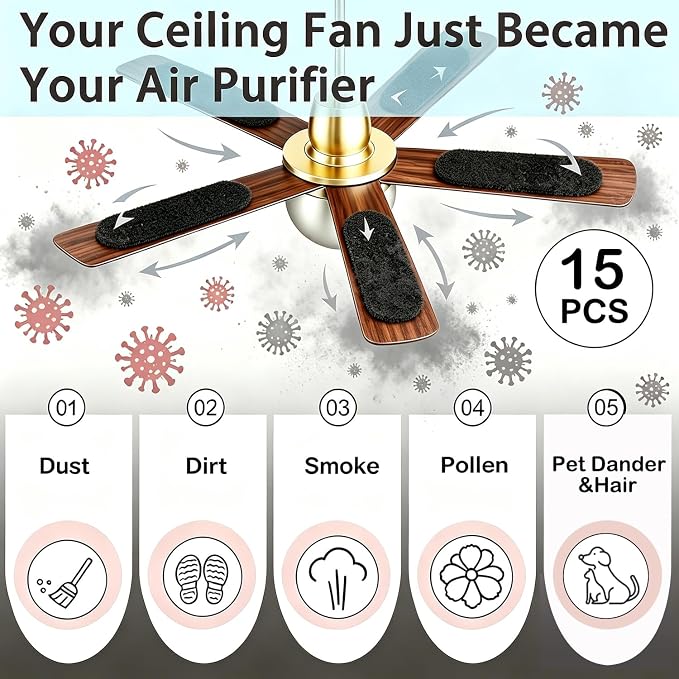 15 Pack Ceiling Fan Filter for Blades, Activated Carbon Ceiling Fan Air - Image 2