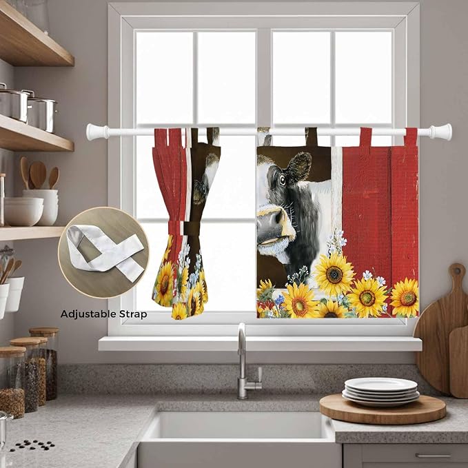 Cows Sunflowers Kitchen Curtains 24 Inch Length, Small Window Curtains Tab Top - Image 5
