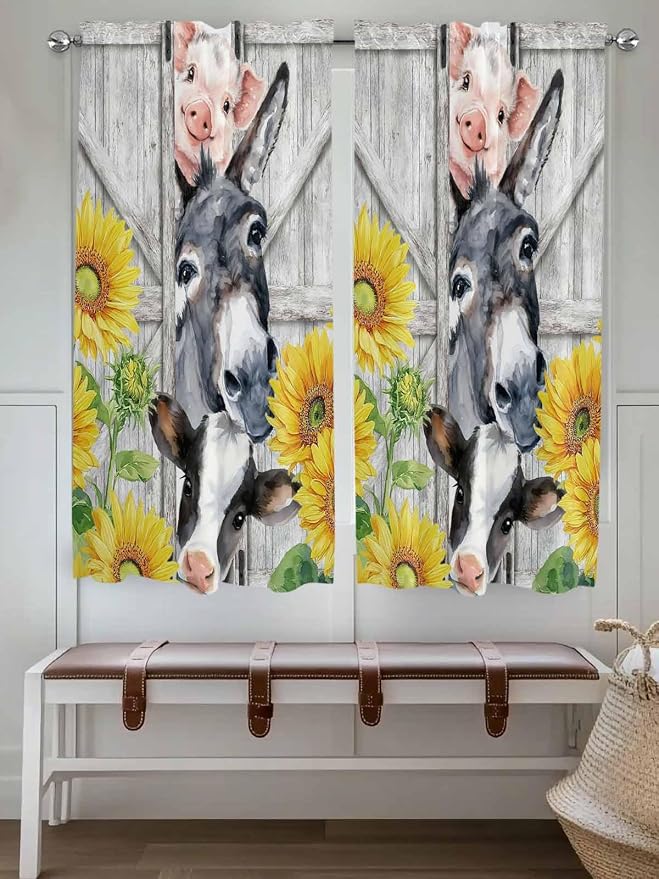 Farmhouse Living Room Curtains 72 Inches length, Watercolor Sunflowers Animals - Image 4