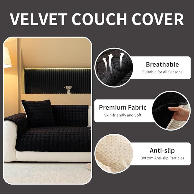 Velvet Couch Cover, Plush Sectional Sofa Cover Washable, Anti Slip Sofa Slipcover for 4 Cushions Sofas, Furniture Protector Covers for Pets & Kids(1PC, Black, 35.4"×94.5", 4-Seater)
