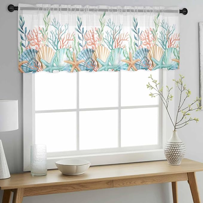 Summer Beach Sheer Valance Curtains, Ocean Colorful Coral Shell Seaweed - Image 3
