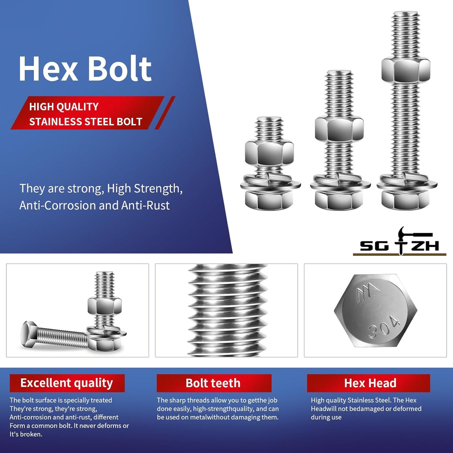 1/4-20 x 5/8" Hex Head Screw Bolt, Nuts, Flat & Lock Washers, 20Pcs 18-8 (304) Stainless Steel, Fully Threaded, by SG TZH