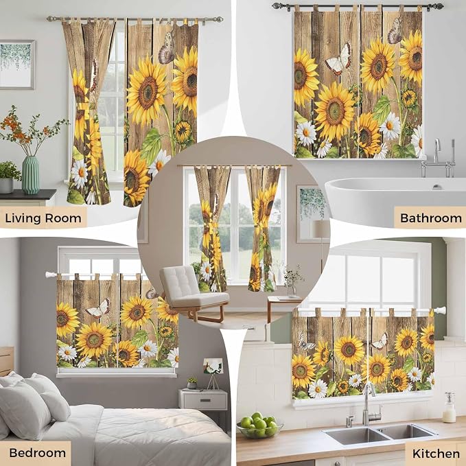 Farmhouse Sunflowers Kitchen Curtains 24 Inch Length, Small Window Curtains Tab - Image 7