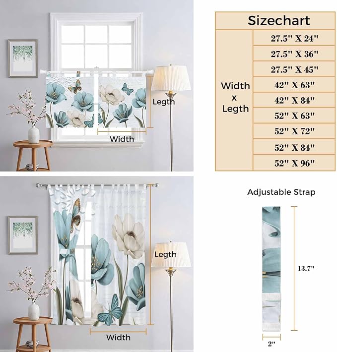 Blue Tulips Kitchen Curtains 45 Inch Length, Short Cafe Window Curtains Tab Top - Image 8